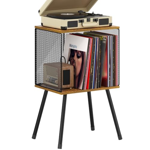X-cosrack Record Player Stand with Storage up to 100 Albums, Retro Small Vinyl Record Holder - Adjustable Divider, Book/LP Record Storage Holder and Organizer Vinyl Table for Bedroom Living Room