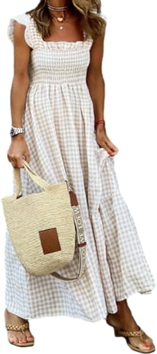 Singing Solo Multi Plaid Smocked Bust Maxi Dress, Women's Retro Plaid Smocked Dress, Spaghetti Strap Flounce Long Dress, Beige, Large