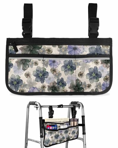 Anzona Farmhouse Floral Wheelchair Side Bag Walker Bag, Pastoral Gray Purple Flowers Burlap Wheelchair Accessories Armrest Pouch, Organizer Storage Bag for Walkers, Rollators, Scooters, 7.3''x13''
