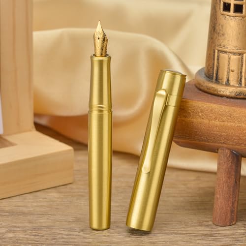 Image of Hongdian M2 Mini Brass Fountain Pen with Extra Fine Soft Golden Nib, Sleek Shape Short Pocket Travel Pen (Glossy Brass)