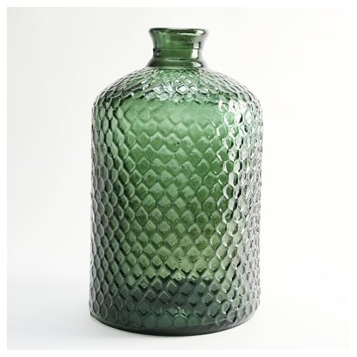 Botella Grande de Vidrio Reciclado con Diseño de Escamas en Relieve - Garrafa Artesanal de Cristal Estilo Mediterráneo para Decoración del Hogar como Jarrón o Florero (Verde Oliva)