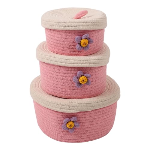 Image of Round Storage Baskets Set of 3, Woven Cotton Rope with Lids & Handles