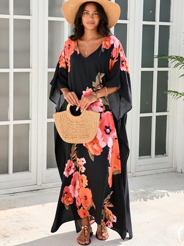Image of Moss Rose Kaftan Dresses for Women V Neck Summer Swimsuit Cover up Caftan Maxi Beach Dresses