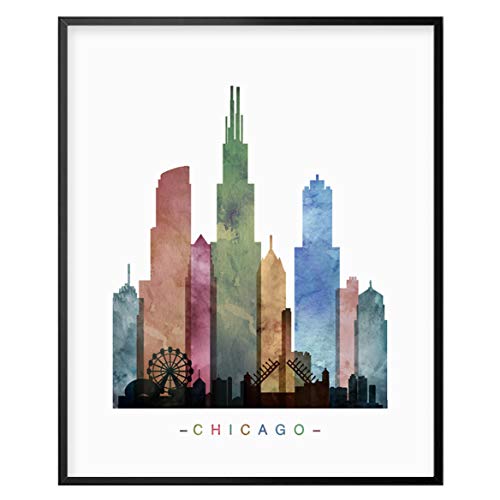 Chicago Skyline, Chicago Wall Art, Chicago Art Print, Watercolor Cityscape Print, Building Wall Decor, 8x10 Inch Unframed