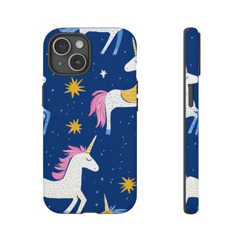 Coque iPhone 15 licornes colorées bleu mat pour égayer votre quotidien