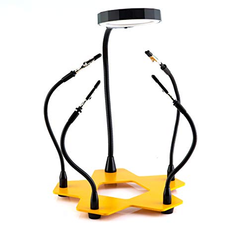 KOTTO LED Lighted Magnifying Third Hand Soldering PCB Holder Tool Five Arms Helping Hands Crafts Jewelry Hobby Workshop Helping Station Non-slip weighted base, LED Lamp