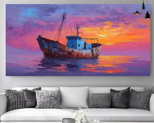 Peinture diamant 5D grand format pour décorer un salon broderie diamant navire au coucher de soleil