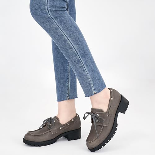 Image of Ablanczoom Platform Oxford Shoes for Women : Lace Up Women's Platform Chunky Loafers with Lug Sole Dress Shoes for Work Business Taupe