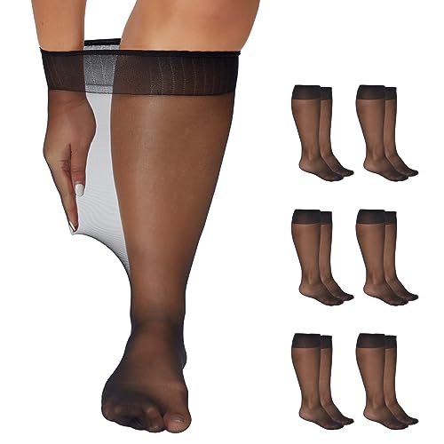Yilanmy Plus Size Knee High Socks for Women Nylon Sheer Trouser Socks 6Pairs