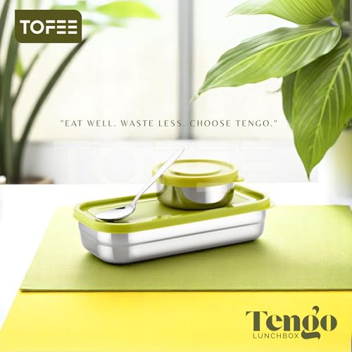 Image of TOFEE Big Stainless Steel Lunch Box for Office & School | Leak-Proof Tiffin with Small Container & Spoon | BPA-Free Airtight Lid | Compact & Durable Lunch Box for Travel (900ml) (Yellow Combo)