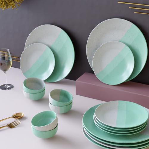 The Earth Store Tritone Green Matte 18 Piece Ceramic Dinner Set 6, Full Dinner Plates, 6 Quarter Plates, 6 Vegetable Bowls | Microwave & Dishwasher Safe | Ceramic Dinner Set for Diwali Giftings (B0D1V1TXBL) Amazon Price History, Amazon Price Tracker