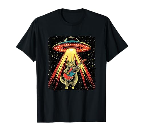 UFO ilumina a Rockstar Cat para un ambiente rock fuera de este mundo Camiseta