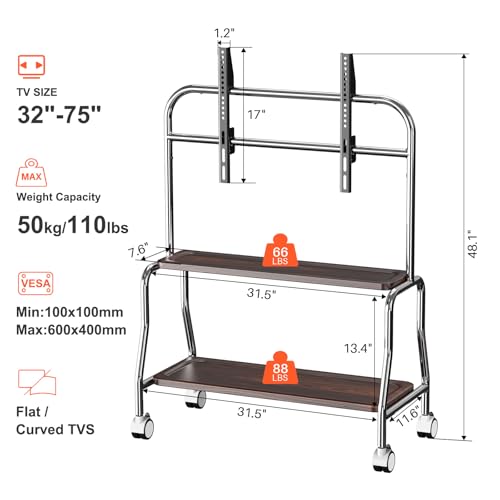 Image of Mobile TV Cart Easel Rolling TV Stand for 32 to 75 Inch LCD LED OLED Flat Panel Screens, Stainless Steel Portable Floor TV Stand with Locking Wheels Hold Up to 110 Lbs Max VESA 600x400mm
