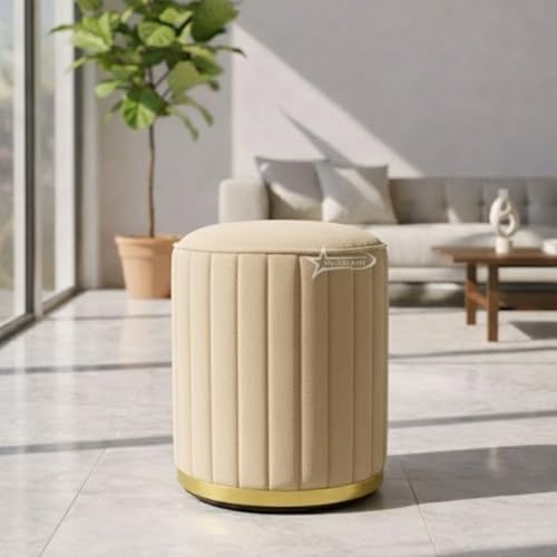 Image of Upholstered Round Linen Strip Stool Living Room Foot Rest Office Stool Pouf Ottoman Padded Seat - Cream