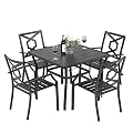 NUU GARDEN 5 Piece Outdoor Dining Set Wrought Iron Patio Furniture, 4 Stackable Dining Chairs and Square Dining Table with Umbrella Hole for Lawn, Backyard, Balcony, Black