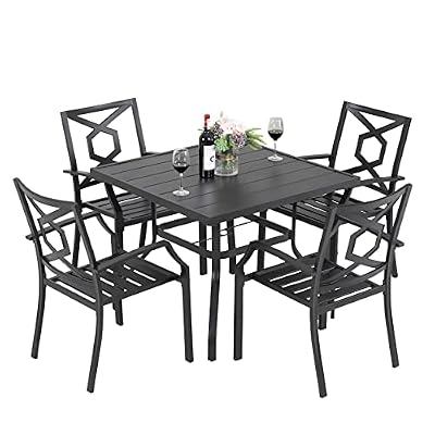 NUU GARDEN 5 Piece Outdoor Dining Set Wrought Iron Patio Furniture, 4 Stackable Dining Chairs and Square Dining Table with Umbrella Hole for Lawn, Backyard, Balcony, Black