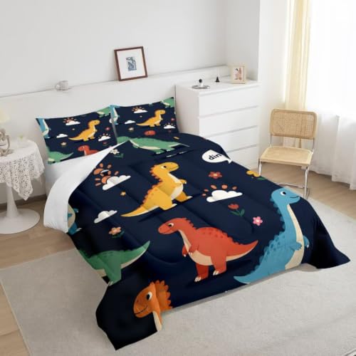 Image of Cartoon Dinosaur Comforter Set Twin Size Cute Bedding Set for Kids | Cute Colorful Dino Bedding Set for Boys Girls, All Season Soft Microfiber Bed Set with 1 Comforter 1 Pillowcase