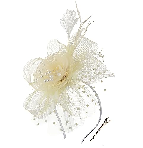 Durzasvo Women's Fascinators Tea Party Wedding Mesh Flower Pearl Feather Fascinator Hat with Headband and Clip