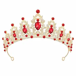 Tiara Crown for Women, Headband Hair Accessories for Birthday Wedding Party Costume Red Gold