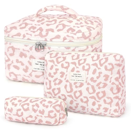 YMIFEEY Lot de 3 Trousse Maquillage Femme, Ensemble Trousse de Toilette Femme avec Floral/Leopard, Portable Sac de Organiseur Cosmétique Voyage Grande Petite pour Femme, Fille et ado
