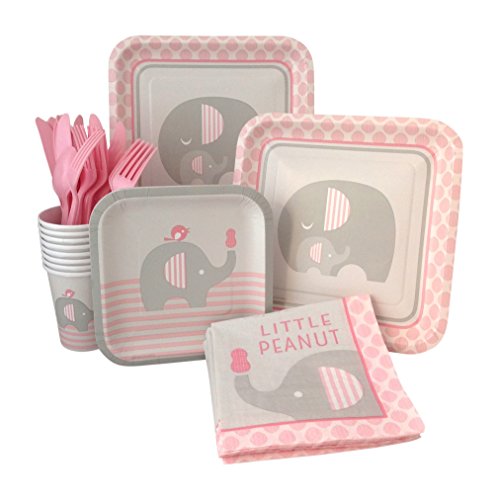 Pink Elephant Girl Baby Shower Supply Pack! Bundle Includes Paper Plates, Napkins, Cups & Silverware for 8 Guests