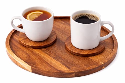 Image of Wooden Platter with 4 Tea Coasters - Elegant Serving Set for Home and Cafe
