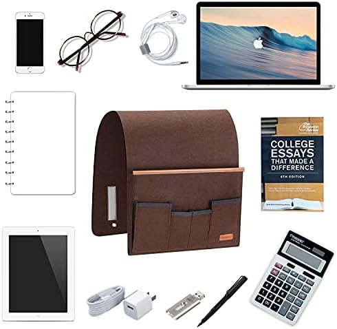 Sofa Organiser Caddy Remote Control Holder, Simboom Armchair Bag 5 Pockets for Magazine, Tablet, Phone, Earphone and Pens, Non-Slip with Long Flap and Hook and Loop - Coffee