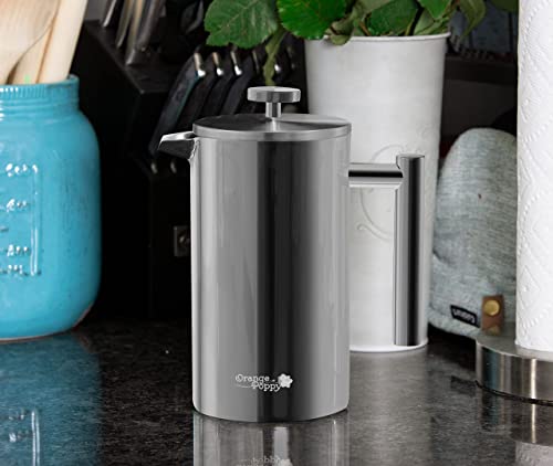 Orange Poppy Original French Press Stainless Steel Coffee Double Insulated-Hot Espresso, Iced, Cold Brew, Pour Over, Tea, With Spoon & Filter, 34 Oz, 1 Liter For Home/Office, Dishwasher Safe, Silver #TOP6