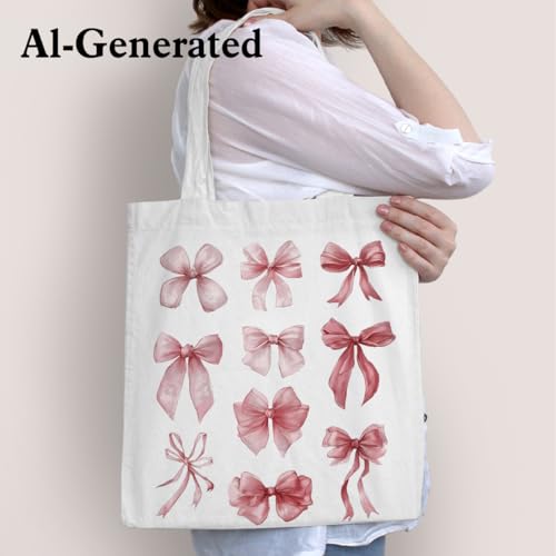 KSFFWQIN Coquette Pink Bow Canvas Tote Bag for Women, Cute Girly Bow Reusable Grocery Bag for Shopping Work Travel by KSFFWQIN - Image 2