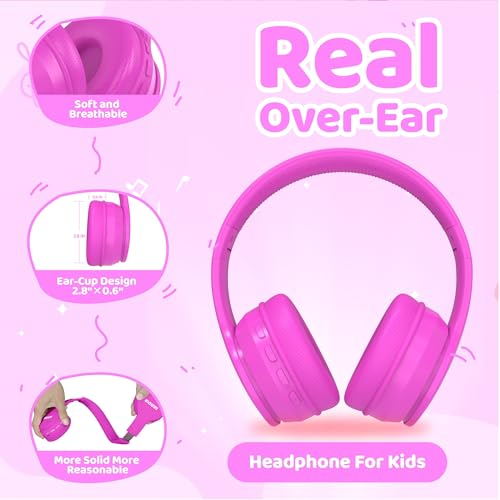 Image of MIDOLA Kids Headphones Bluetooth 5.4 Wireless 68H Play Time Volume Limit 85 /94dB Over-Ear Foldable Headset,Type-C Fast Charging, Wired Aux Mic for Toddler Child Pad Tablet Rose Red