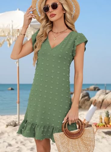Image of QACOHU Spring Summer Dresses for Women 2026 V Neck Cap Sleeve Ruffle Hem Smock Short Casual Beach Dress
