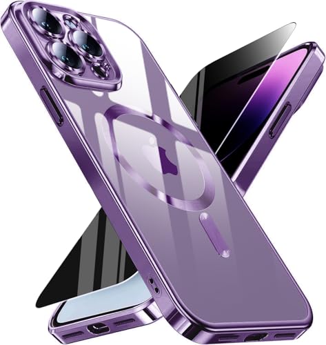 Image of Magnetic for iPhone 14 Pro Max Case with Privacy Screen Protector & Full Camera Cover,[Non-Yellowing] Plating Glossy Soft Shockproof Clear Phone Case with MagSafe Women Girls for 14 ProMax,Dark purple