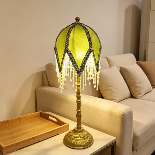 WELAISA Vintage Tasselled Table Lamp with Beaded Shade Green and Gold