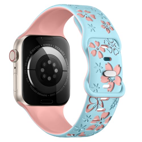 Floral Engraved Band Compatible with Apple Watch Band Women 40mm 38mm 41mm, Soft Silicone Two-Tone Flower Sport Strap for iWatch Series 10 9 8 7 6 5 4 3 2 1 SE Ultra-LB/PK by CreateGreat - Image 2