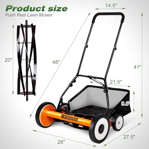 Image of Walensee 20-Inch 5-Blade Push Reel Lawn Mower, Cordless Manual Reel Lawn Mower Walk-Behind Steel Lawn Mowers with Removable 11.8-Gallon Grass Catcher, Sponge Grip, 9-Position Cutting Height Adjustment