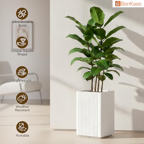 Image of BonKaso 18 Inch Rolex Tower Planter for Indoor & Outdoor Use | Tall Square Heavy Duty Polymer Flower Pot | Weather Resistant Modern Planter for Living Room, Balcony, Terrace & Office Decor﻿ (White)