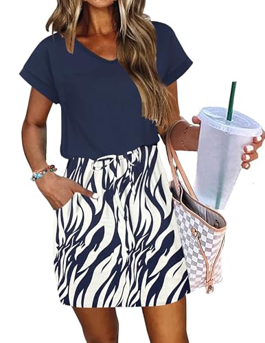 Image of AUSELILY Womens Summer Mini Dress, Short Sleeve V Neck Drawstring Casual | Tshirt dress with drawstring waist and pockets. Ideal sundress for daily outing, beach and vacation