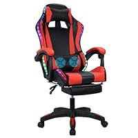 Gaming Chair with Bluetooth-compatible Speakers, LED Light, Height Adjustable, Extension Backrest Handrail, Working Retractable Footrest, Reclining Internet Cafe Computer Chair (Red)