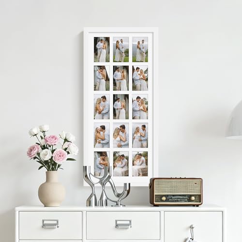 Image of DUENPY 14x32 Picture Frame 4x6 Collage Picture Frame Displays Fifteen 4x6 inch Photos Collage Wall Decor Wall Hanging White