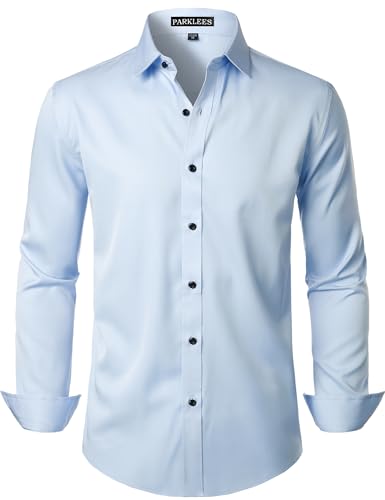 Image of PARKLEES Men's Slim Fit Casual Business Dress Shirt Light Blue L