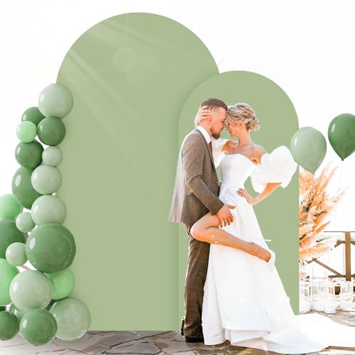 Image of FOTSHARER Sage Green Spandex Arch Cover 6FT 7.2FT Arch Covers Stretchy Set of 2 Wedding Arch Stand Cover for Chiara Wall Round Top Arches Fabric Cover Garland for Graduation Party