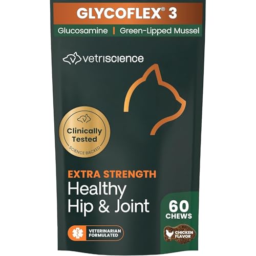VetriScience Extra Strength Healthy Hip & Joint Chews GlycoFlex Glucosamine and Green-Lipped Mussel Joint Support Supplement for Cats Promote Mobility and Soothe Joint Discomfort Chicken 60 Count