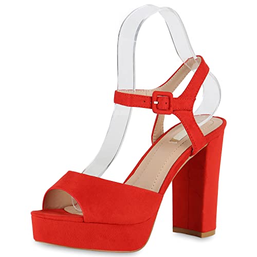 VAN HILL Damen Plateau Sandaletten Blockabsatz High Heels Wildleder-Optik...