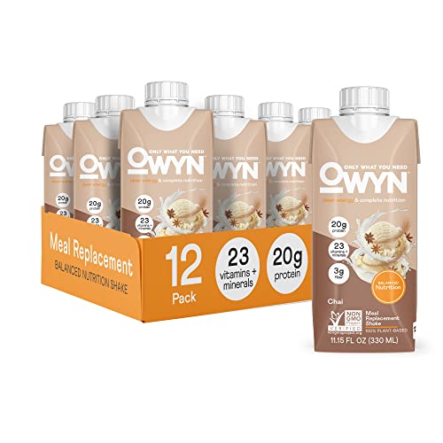 OWYN Vegan Complete Nutrition Protein Shake, Chai, 20g plant based protein, 23 Vitamins and Minerals Nutritional Shake, 35mg caffeine, Gluten, Soy, and Tree Nut-Free (Chai, 12 pack) Packaging May Vary