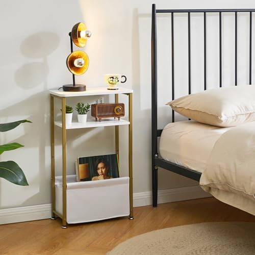 Aibiju Mesa Auxiliar Estrecha, Mesa Lateral Delgada con Cesta de Tela de Almacenamiento, Mesita de Noche para Espacio Pequeño, 40x20x66 cm para Sala de Estar, Blanco YD-ST002J - imagen 8