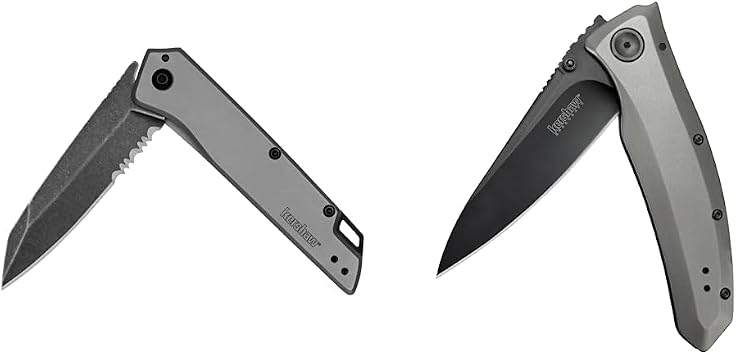 Kershaw Misdirect Pocketknife; 2.9 in. 4Cr13 Serrated Black-Oxide Blackwash Finish Blade & Grid Pocketknife, 3.7 8Cr13MoV Steel Drop Point Plain Edge Blade