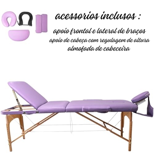 Maca Dobrável Madeira 250kg Estética Massagem Portátil Cor Lilás Claro - Gold - Modelo 3 Seções 1,80