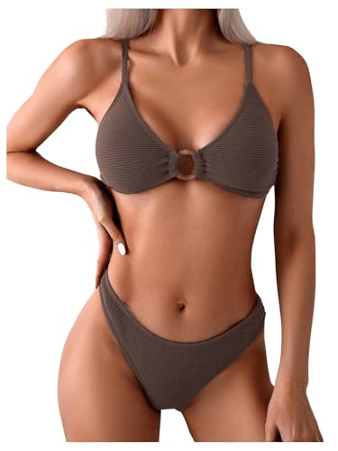 SweatyRocks Women's 2 Piece Bikini Set Ring Linked V Neck Bathing Suit High Cut Swimsuit