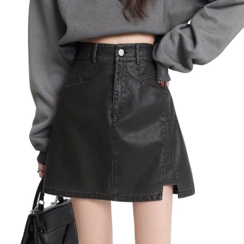 Women's Fashion High Waist PU Leather Skirt Vintage A-Line with Lining Irregular Hem Casual Short Skirts