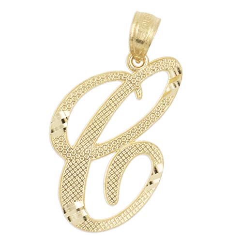 10k Solid Real Gold Cursive Initial Pendant, English Alpahbet A-Z Letter Charm with Diamond Cut (C)